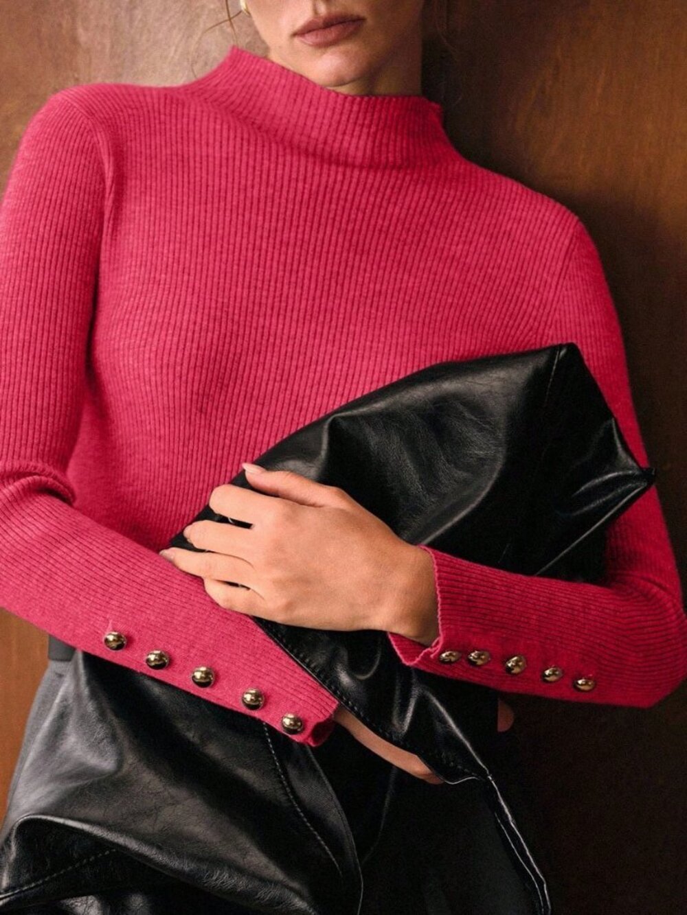 Hot Pink Casual Women's Slim Fit Funnel Neck Minimalist Sweater